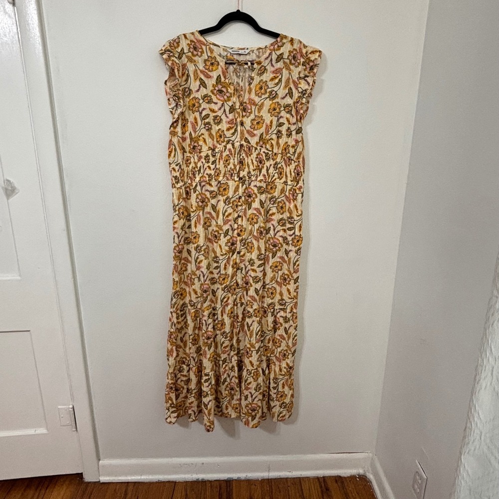 Cottagecore Floral Button-Front Tiered Midi Dress Smocked Boho Yellow Women XXL - Picture 2 of 12